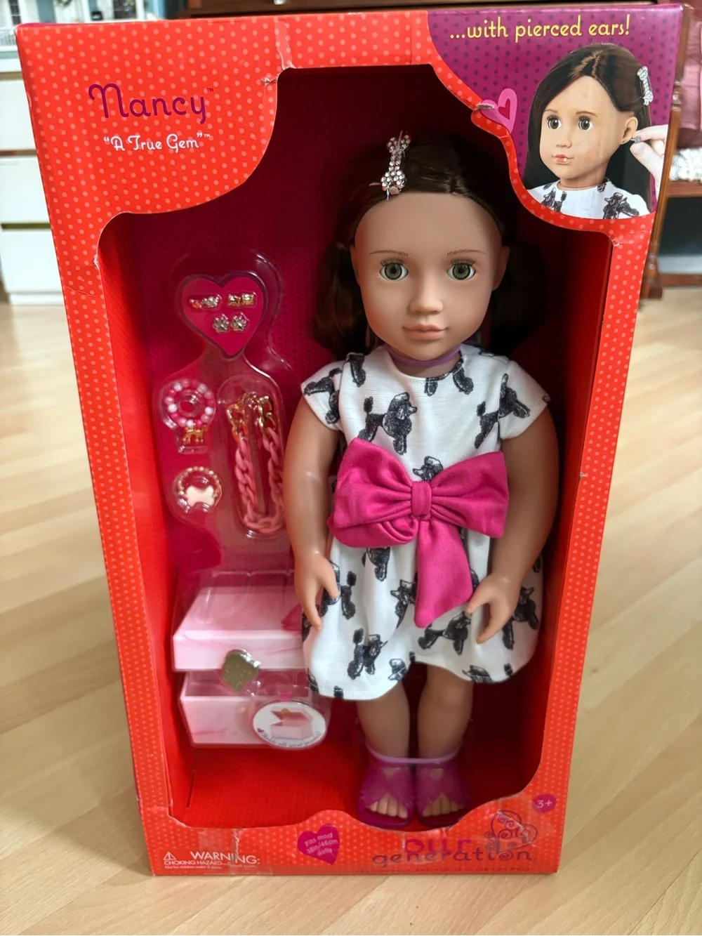 Our Generation Nancy Doll w/ Jewelry Box & Pierced Ears 6 Earrings 2 Bracelets